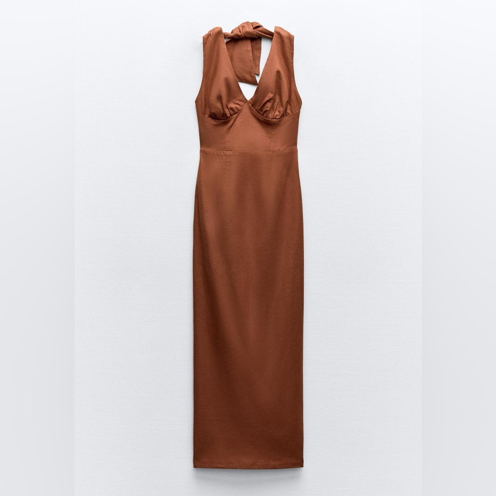 ZARA LINEN HALTER TOP MIDI DRESS ZW COLLECTION Terracotta XL